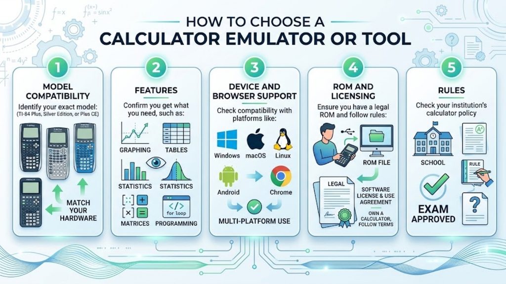 Five steps to choose a TI-84 emulator: check model, features, device support, ROM licensing, and exam rules