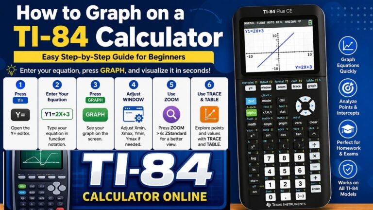 How to Graph on a TI-84 Calculator tutorial showing step-by-step graphing instructions on a TI-84 Plus CE graphing calculator with equations and graph display