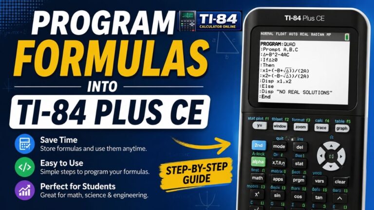 Program Formulas Into TI-84 Plus CE step-by-step guide showing how to save formulas, automate calculations, and solve math problems on the TI-84 Plus CE calculator.