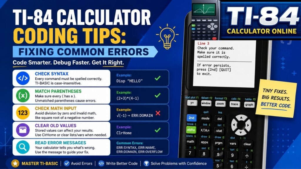 TI-84 Calculator Programming Guide (2026): Learn TI-BASIC Step by Step ti-84-calculator-coding-tips-infographic-showing-common-ti-basic-errors-including-syntax-domain-and-undefined-errors-with-troubleshooting-tips-for-ti-84-plus-ce-programming