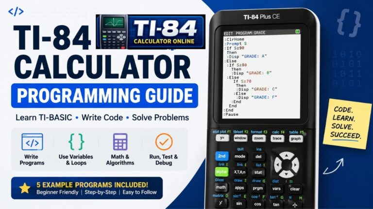 TI-84 calculator programming guide screenshot showing TI-BASIC code in Program Editor.
