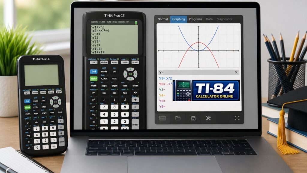 TI-84 Plus CE emulator interface showing graphing functions and equations on a computer screen