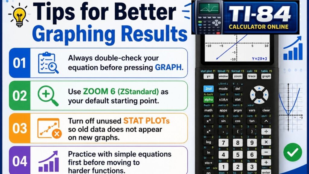 Tips for Better Graphing Results on a TI-84 calculator with equation checks, ZStandard zoom, STAT PLOT settings, and graphing tips