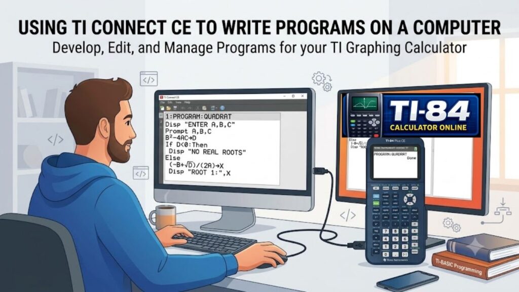 How to Program Formulas Into TI-84 Plus CE (Step-by-Step Guide) A programmer writing TI-BASIC code in TI Connect CE software on a computer connected to a TI-84 Plus CE graphing calculator.