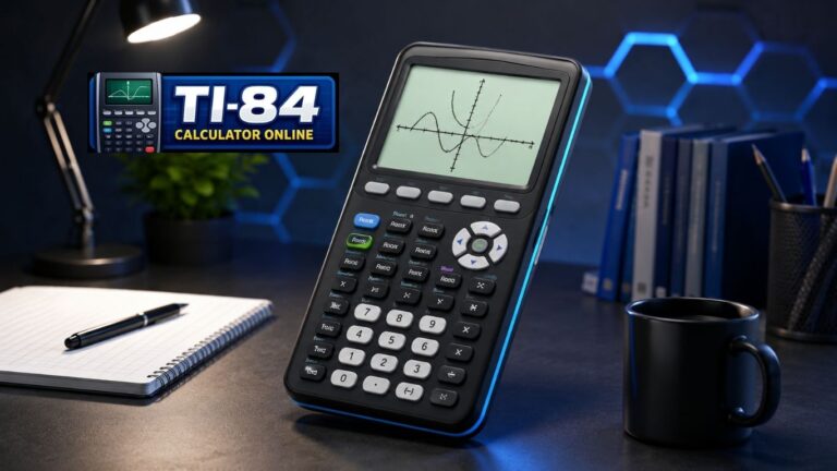 Virtual TI-84 Graphing Calculator displaying graphs and scientific functions in a browser-based calculator emulator on a desktop computer.