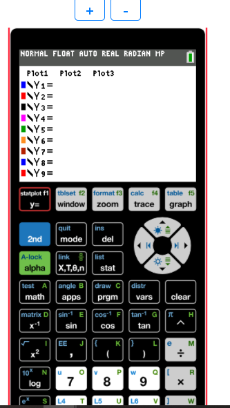 Online TI-84 calculator showing Y equals function input screen