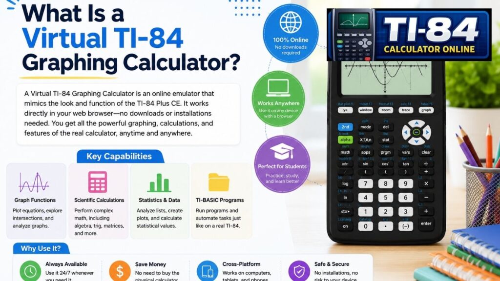 Virtual TI-84 Graphing Calculator: Free Online Tools, Apps & Downloads (2026 Guide) What Is a Virtual TI-84 Graphing Calculator? Illustration showing a browser-based TI-84 graphing calculator emulator with graphing, scientific, and mathematical functions.