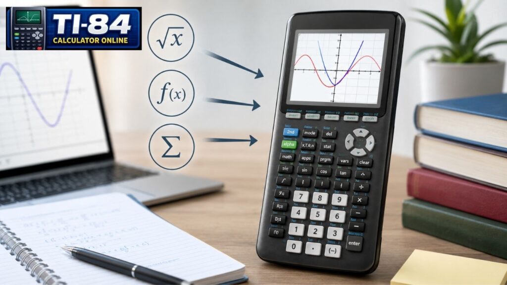 How to Program Formulas Into TI-84 Plus CE (Step-by-Step Guide) TI-84 Plus CE style graphing calculator placed on a study desk with mathematical graphs, formula symbols, a notebook, and a laptop, illustrating how programming formulas helps students solve equations and perform calculations faster.