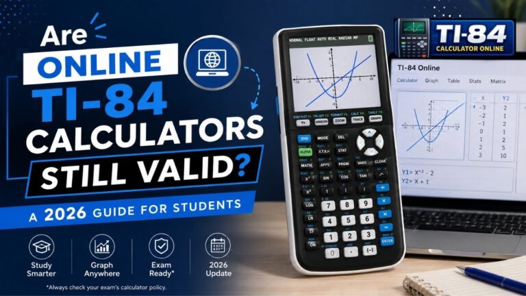 Educational graphic asking 'Are Online TI-84 Calculators Still Valid in 2026?' featuring a physical TI-84 calculator and a laptop with a web emulator.