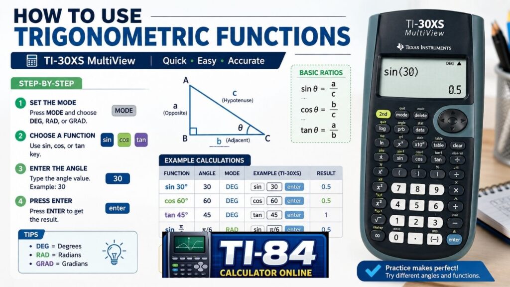 How to use trigonometric functions on a TI-30XS MultiView calculator with sin, cos, tan, and angle mode settings