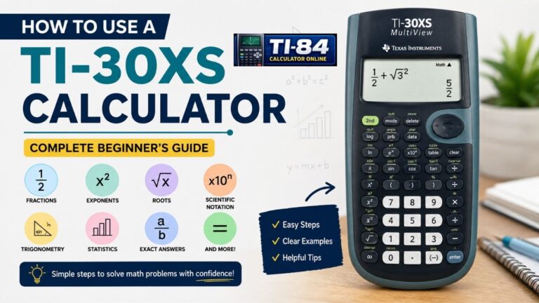 How to use a TI-30XS calculator with beginner steps for fractions, exponents, roots, scientific notation, trigonometry, and statistics