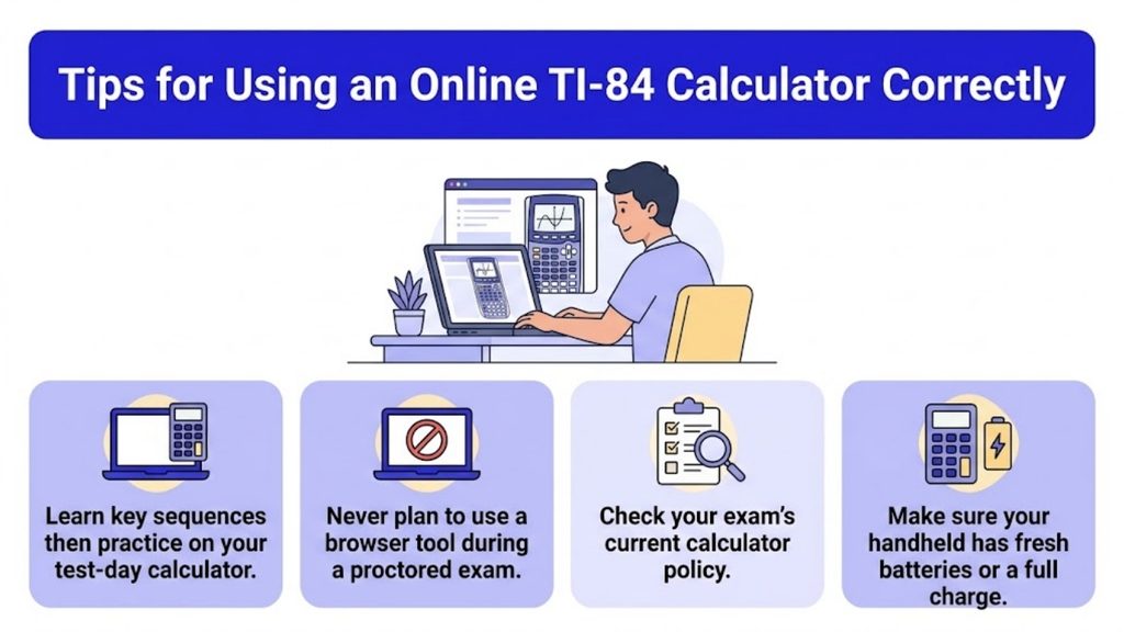 Are Online TI-84 Calculators Still Valid? A 2026 Guide for Students Infographic with 5 tips for using an online TI-84 calculator correctly, from daily practice to exam-day rules