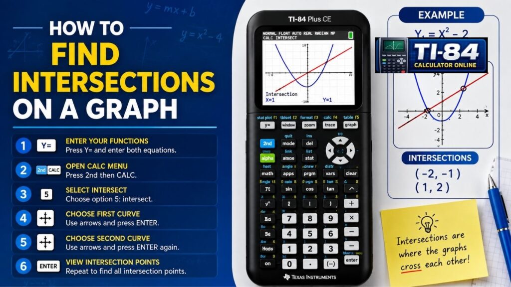 Step-by-step infographic showing how to find intersections on a graph using a TI-84 Plus CE calculator, including graph examples, intersection points, and instructions for using the intersect function.