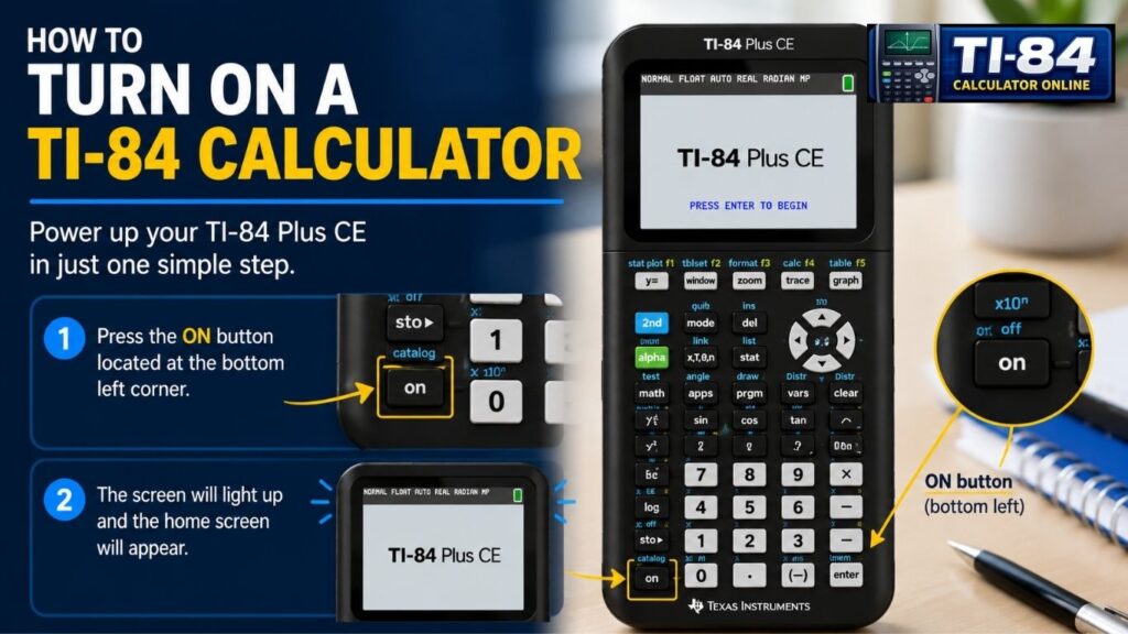How to turn on a TI-84 calculator by pressing the ON button at the bottom left corner of the keypad, with a step-by-step visual guide for beginners.