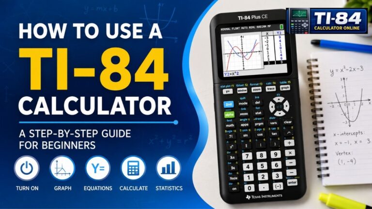 How to use a TI-84 calculator step by step, showing the TI-84 Plus CE screen, keypad, graphing functions, equations, and basic calculator operations for beginners.