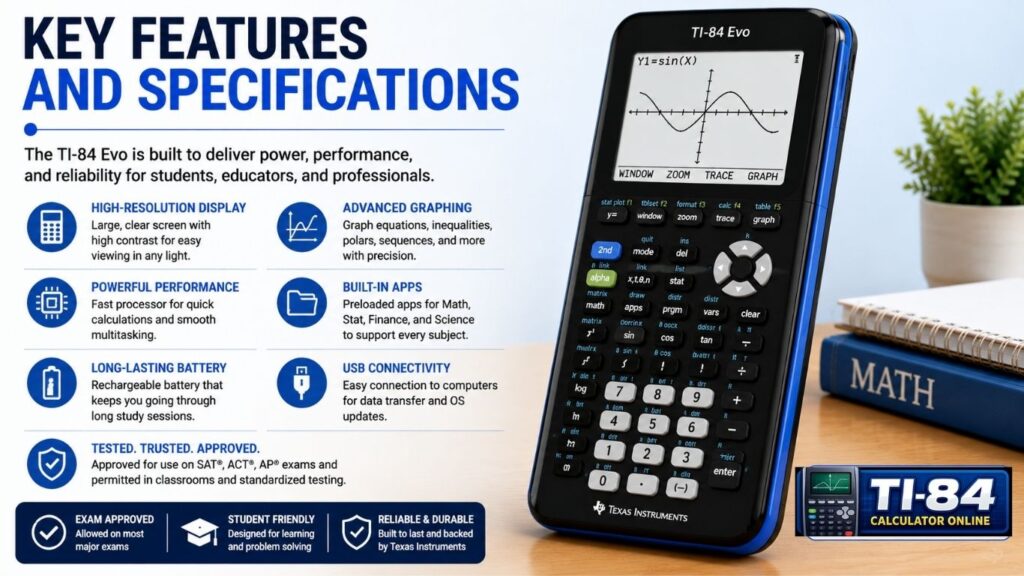 TI-84 Evo: Complete 2026 Guide to Texas Instruments' Newest Graphing Calculator Key Features and Specifications of the TI-84 Evo graphing calculator showing USB-C charging, ARM processor, built-in Python, faster performance, and larger graphing workspace.