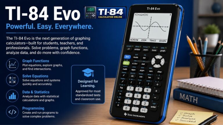 TI-84 Evo graphing calculator showing modern design, USB-C charging, Python support, and improved performance for students in 2026