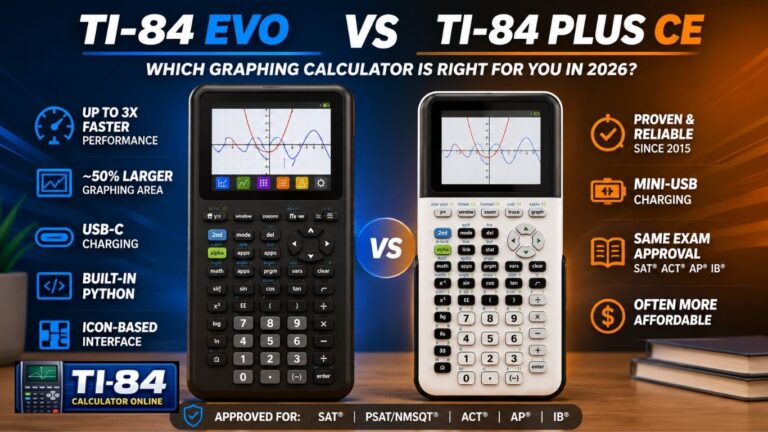 TI-84 Evo vs TI-84 Plus CE comparison showing design, display, USB-C charging, Python support, speed, and key features in 2026.