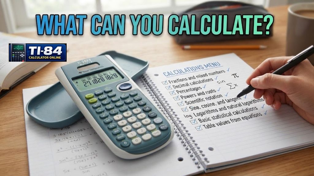 TI-30XS Calculator Online Desk study scene with a TI-30XS-style calculator and a handwritten checklist listing mathematical functions: fractions, decimals, percentages, powers, roots, scientific notation, trigonometry, logarithms, statistics, and table values.