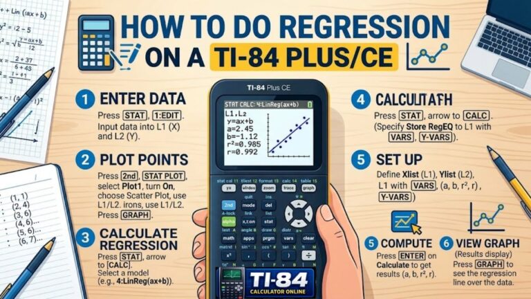 Infographic showing step-by-step instructions for running a linear regression on a TI-84 Plus calculator, including entering data, choosing a model, and viewing graph results.