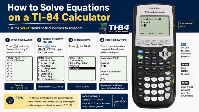 How to solve equations on a TI-84 calculator using the SOLVE function with step-by-step instructions.